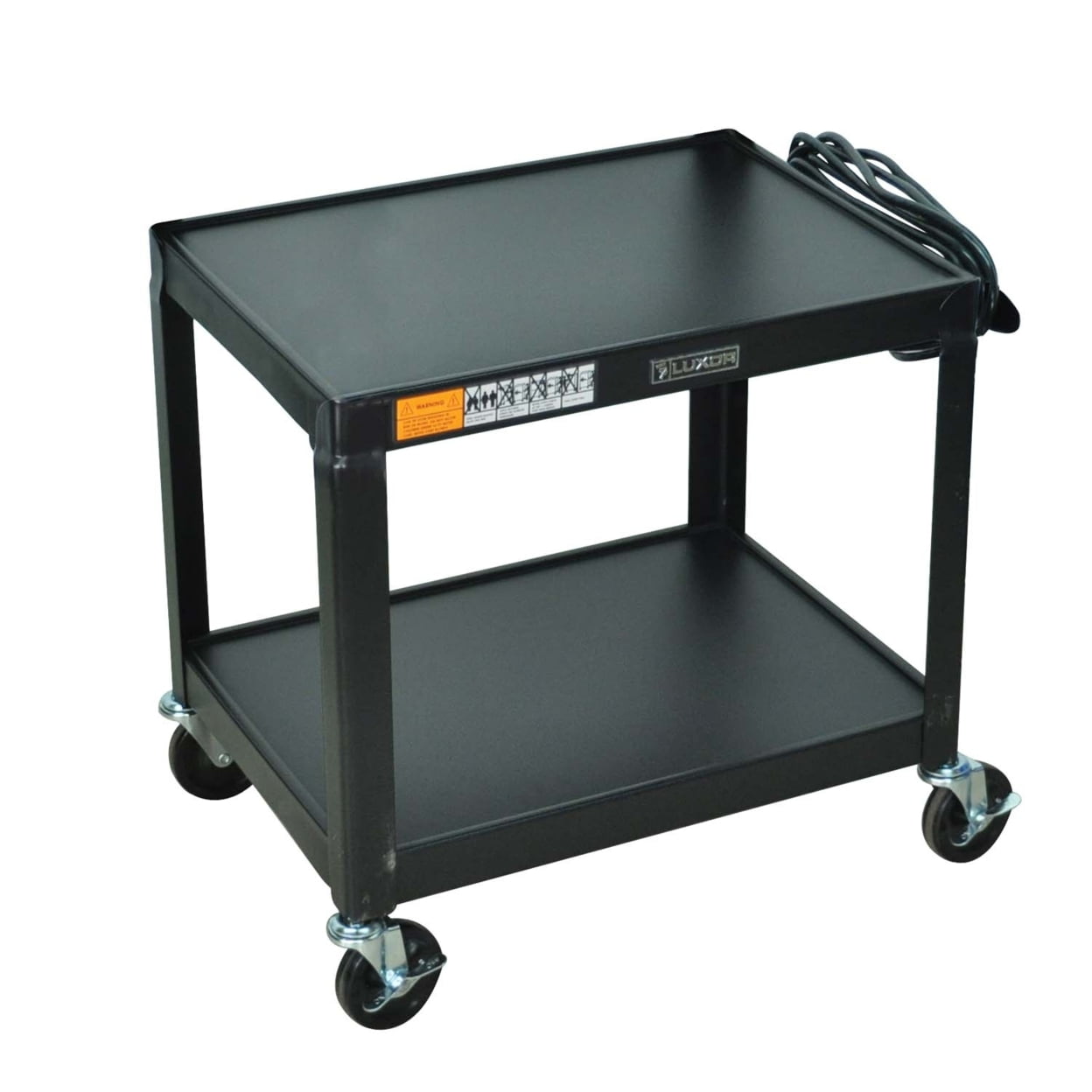 Black Steel 2-Shelf Mobile AV Cart with Electric Outlets