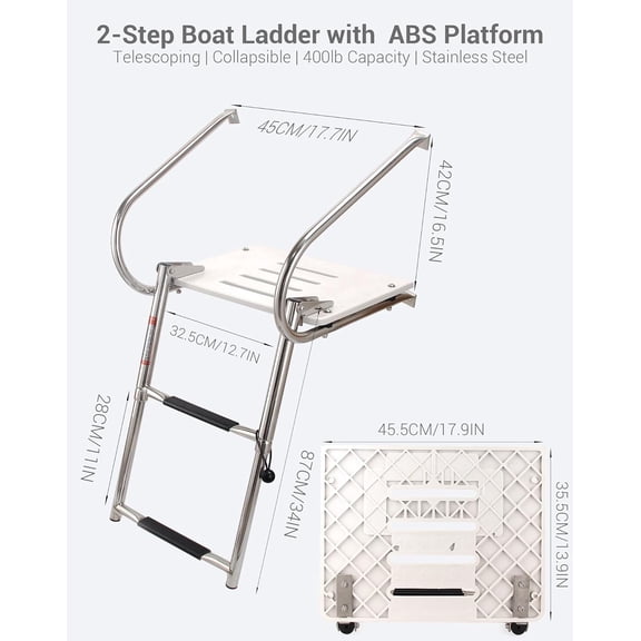 2-Step ABS Telescoping Boat Ladder with Stainless Steel Handrails and Swim Platform for Pontoon Dock Yacht