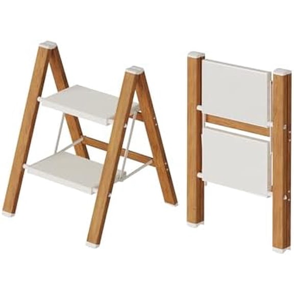 2-Step Aluminum Ladder,Lightweight Folding Step Stool with Extra-Wide Anti-Slip Steps,330 lbs Capacity,Compact Space-Saving Design for Home,Kitchen and Office(White&Woodgrain)