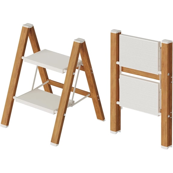 2-Step Aluminum Ladder,Lightweight Folding Step Stool with Extra-Wide Anti-Slip Steps,330 lbs Capacity,Compact Space-Saving Design for Home,Kitchen and Office(White&Woodgrain)