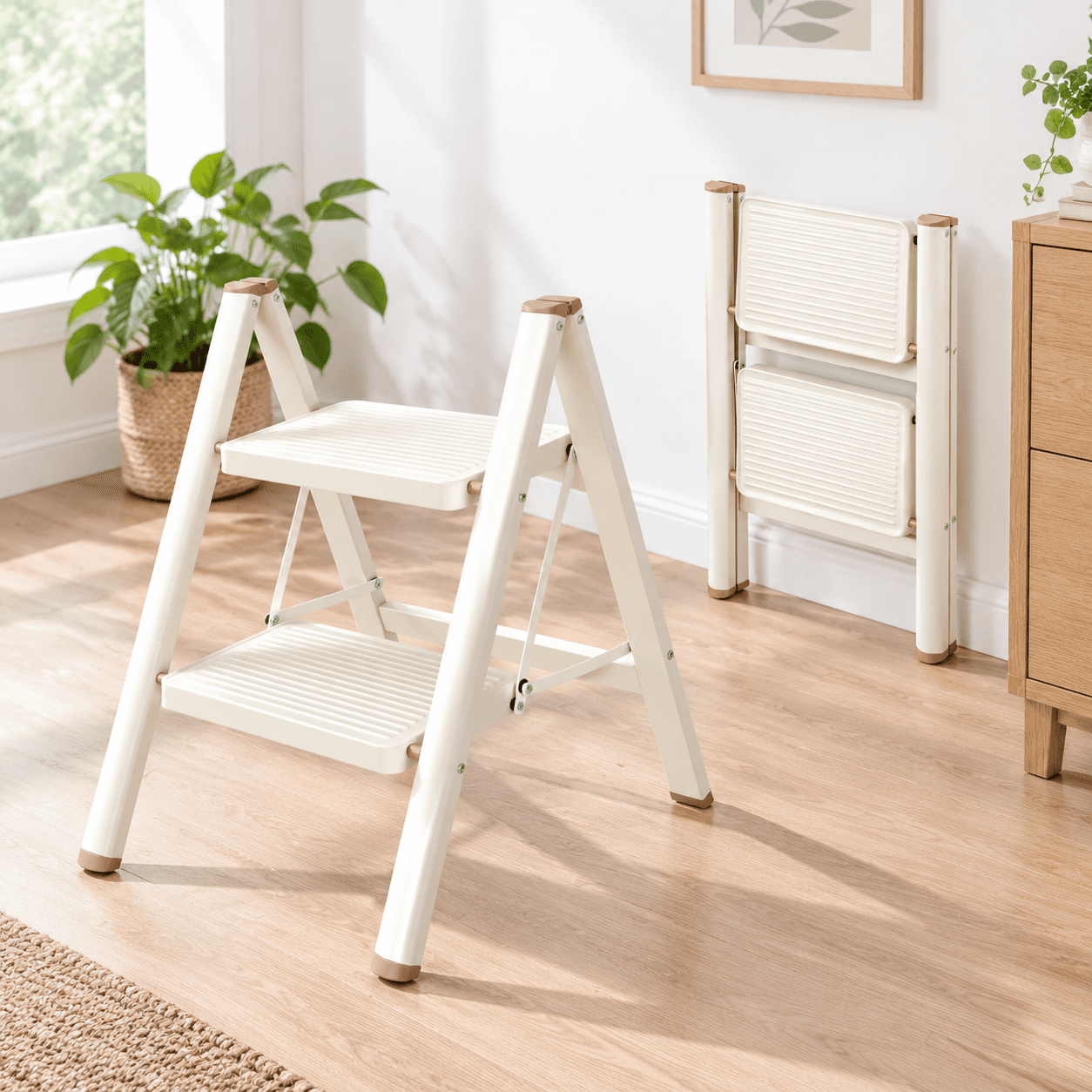 2 Step Cream White Folding Step Stool, Heavy Duty Metal, 330lb Capacity ...