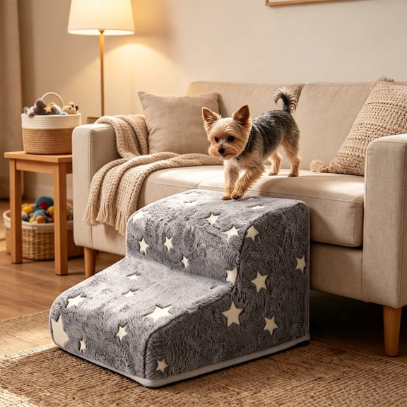 2-Step Dog and Cat Stairs for Sofa Bed Non-Slip Short-Pile Fabric Washable Cover Joint Support
