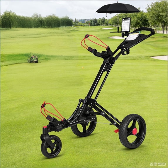 2 Step Folding Golf Push Cart Lightweight Aluminum Frame with 10 Inch EVA Wheels Easy Fold Golf Trolley Walking Golf Cart with Umbrella Holder Accessories for Men Women Golfers Practice Range