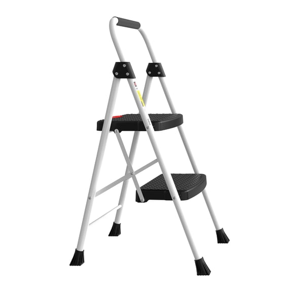 2 Step Folding Ladder, Lightweight & Portable Step Stool with Extra-Wide Anti-Slip Pedal & Safety Grip Rail, for Kitchen, Garage & Outdoor, White