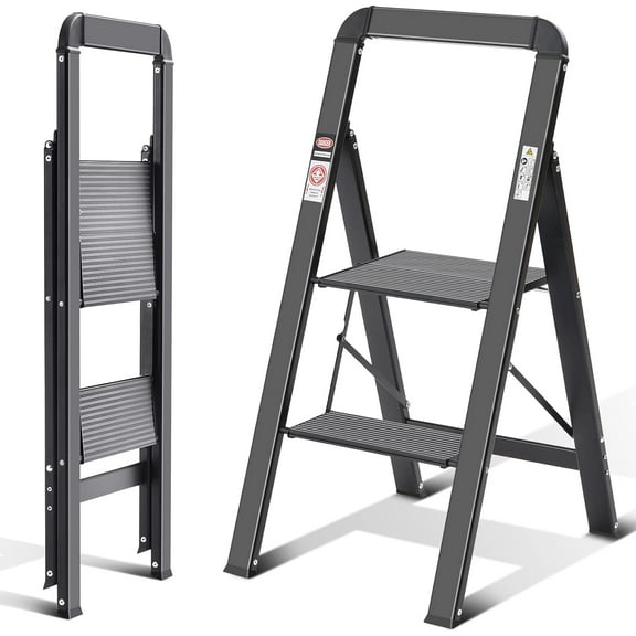 2-Step Folding Ladder with Handrail - Non-Slip Aluminum Step Stool, 150kg Capacity, Black