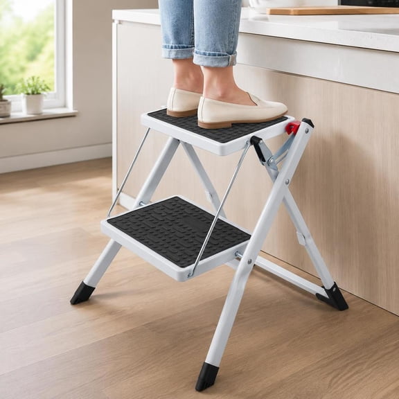 2 Step Folding Steel Step Stool, 330 Lb Capacity, Wide Anti-Slip Pedal, Suitable for Kitchen, Office, RV