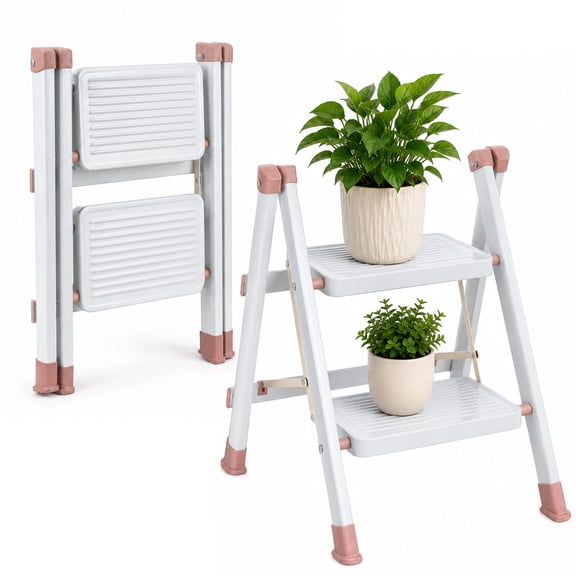 2 Step Foldable Ladder, White Folding Step Stool for Adults with Widened Anti-Slip Pedals, Heavy Duty Carbon Steel Kitchen Steps for Home, Library, Aesthetic Furniture Decor
