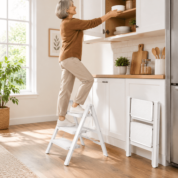 2 Step Folding Step Stool, White, Heavy Duty Iron Metal, 330lbs ...