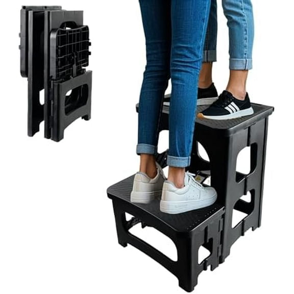 2-Step Folding Stool Ladder: Non-Slip, Portable, 16.5" Height, Holds 300 lbs, Black  Furniture