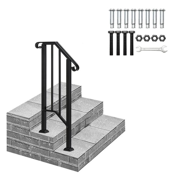 2 Step Handrails for Outdoor Steps, Fits 1 or 2 Steps Wrought Iron Stair Railing, Metal Hand Rail with Installation Kit, Staircase Handrails for Concrete, Porch, Deck, Exterior Steps, Black