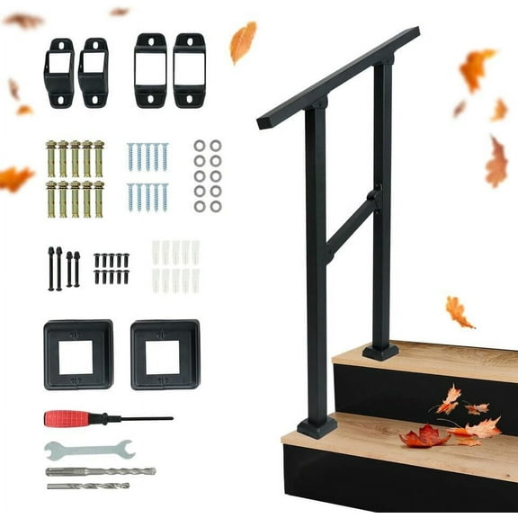 2-Step Handrails for Outdoor Steps, HandRail Fit 1 or 2 Steps Outdoor Stair Railing Deck Handrail Black Wrought Iron Hand Rails Kit