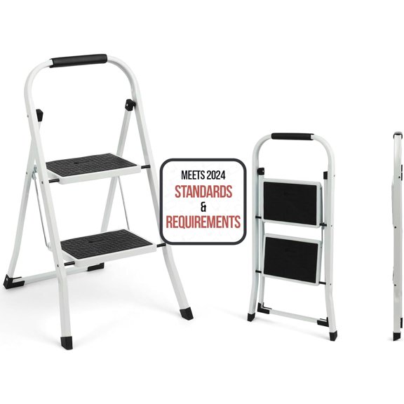 2-Step Ladder, 350 LBS Capacity Folding Step Stool  Anti-Slip Wide Steps & Handgrip  ANSI Certified Lightweight & Durable Steel Stepping Stool for Kitchen, Home, Office & Garage