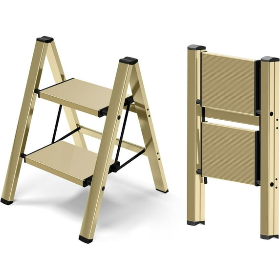 2 Step Ladder,Aluminum Folding Step Stool for Adults,Step Ladder with Wide Anti-Slip Pedal,330 lbs Capacity for Home,Office,Kitchen,Library(Gold)