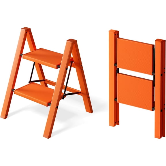 2 Step Ladder, Aluminum Lightweight Folding 2 Step Stool with Anti-Slip Wide Pedal,330lbs Capacity Steel Ladder for Household and Office(Hermes Orange)