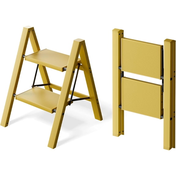 2 Step Ladder, Aluminum Lightweight Folding 2 Step Stool with Anti-Slip Wide Pedal,330lbs Capacity Steel Ladder for Household and Office(Soft Dusk Yellow)