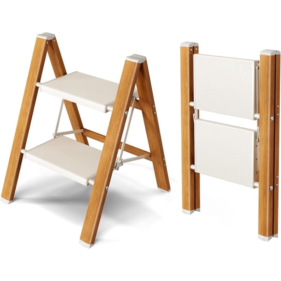 2 Step Ladder,Aluminum Lightweight Folding 2 Step Stool with Anti-Slip Wide Pedal, 330lbs Capacity Step Ladder for Household,Kitchen,Office - White Woodgrain