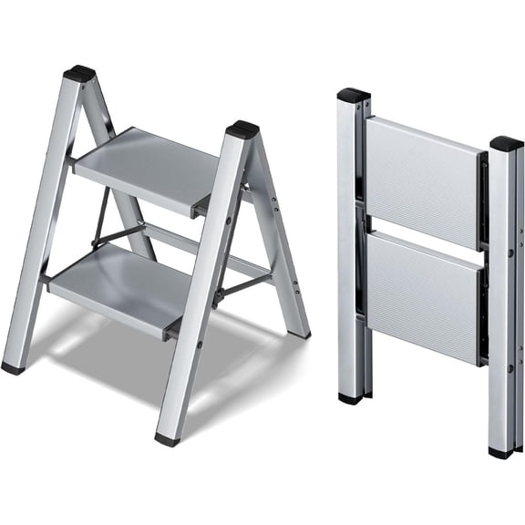 2 Step Ladder,Aluminum Lightweight Folding 2 Step Stool with Anti-Slip Wide Pedal,330lbs Capacity Step Ladder for Household,Kitchen,Office - Silver