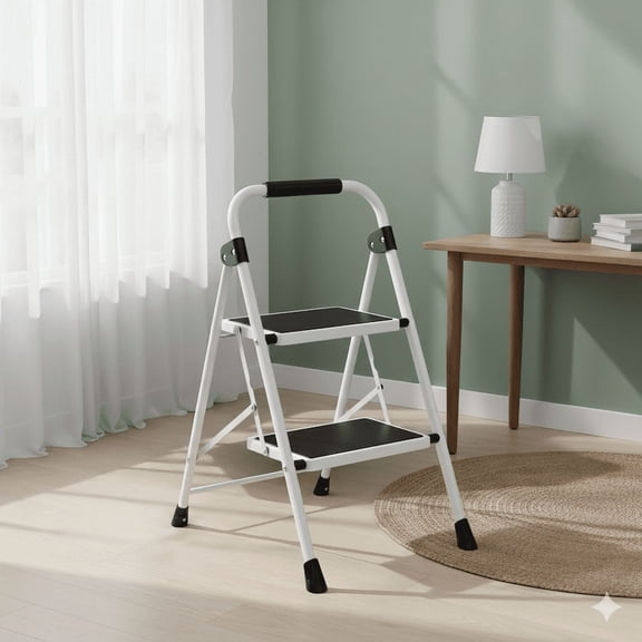 2 Step Ladder, Foldable Lightweight Step Stool, Anti-Slip Pedal, Rubber Handle, Automatic lock, Ladder for Home Kitchen, Living room, Office,Gray
