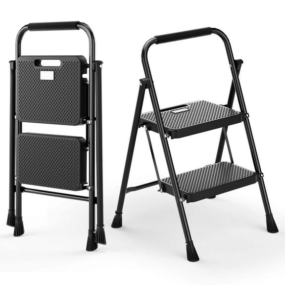 2 Step Ladder, Foldable Lightweight Step Stool, Anti-Slip Pedal, Rubber Handle, Automatic lock, Ladder for Home Kitchen, Living room, Office