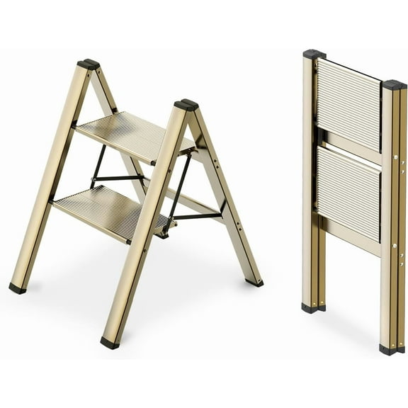 2 Step Ladder, Foldable Step Stool, Aluminum Lightweight Ladder for Home Kitchen Closet, Anti-Slip Pedals, Ease of Folding, Portable, 300lbs Capacity - Gold
