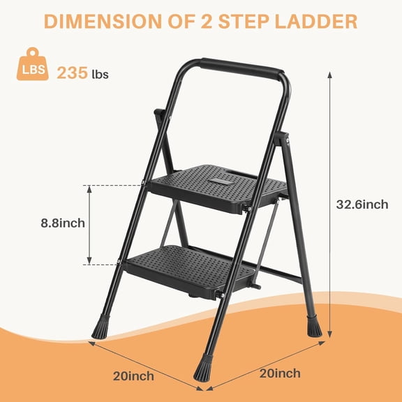 2 Step Ladder Foldable Step Stool with Anti-Slip Pedal Sturdy Folding Tool for Home Garden