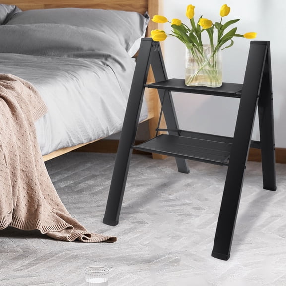 2 Step Ladder, Folding Step Ladder Stool with Anti-Slip Sturdy and Wide Pedal, Lightweight Aluminuml Portable Folding Step Stools for Adults Office Home and Kitchen 330 lbs Capacity Black