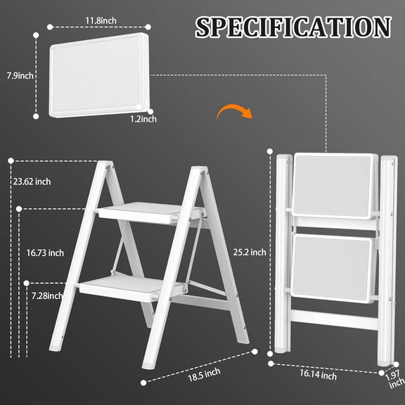 2 Step Ladder, Folding Step Stool with Anti-Slip Wide Pedal, Anti-Slip Feet, Sturdiest Steel Construction, 600lbs Capacity Steel Ladder for Home and Office, White