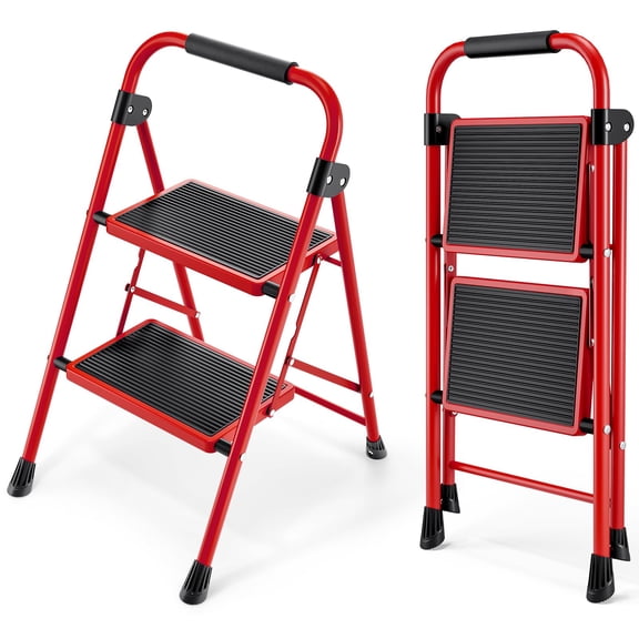 2 Step Ladder, Folding Step Stool with Anti-Slip and Wide Pedal, Lightweight Stepladder with Handrails, Portable for Kitchen, Household, 330LBS, White