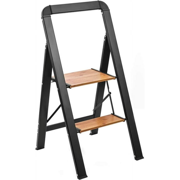 2 Step Ladder Folding Step Stool, 2023 Upgraded Lightweight Aluminum 2-Feet Step Ladder Stool with Handle, Classic Wood Look Without Wood Rot Worry Step Ladders Black