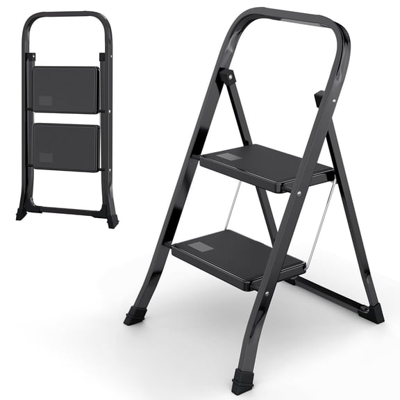 2 Step Ladder Folding Step Stool with Wide Anti-Slip Pedal, Convenient Handgrip, Portable Steel Step Stool, 300 lbs Sturdy Steel Ladder for Household and Office,Black