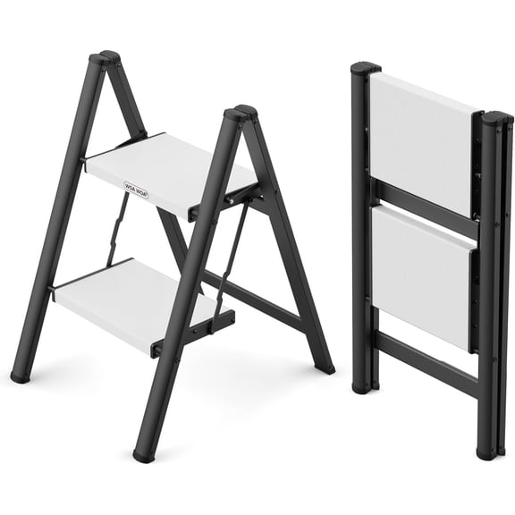2 Step Ladder, Folding Step Stool with Wide Non-Slip Aluminum Pedals, Stable and Portable, 330 lbs Capacity, for Home, Kitchen, Office - Black & White