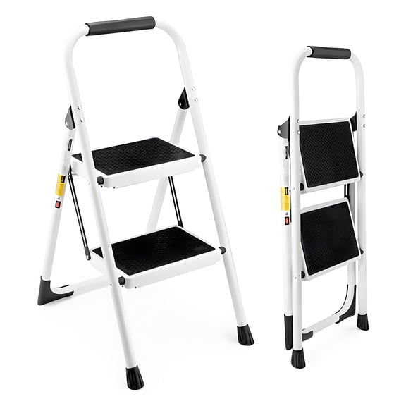 2 Step Ladder, Folding Step Stool with Anti-Slip and Wide Pedal, Lightweight Stepladder with Handrails, Portable for Kitchen, Household, 330LBS
