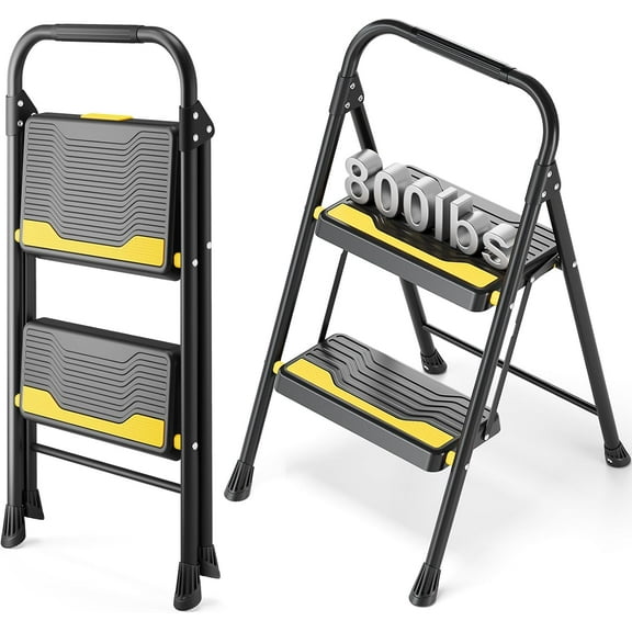 2 Step Ladder, Heavy-Duty 800lb Capacity, Wide Anti-Slip Steps & Secure Handrail Compact, Folding Step Stool Portable Design for Home, Kitchen, Office, Pantry, Closet Use, Black