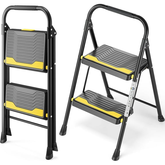 2 Step Ladder, Heavy-Duty Pass 800lb Capacity Test, Wide Anti-Slip Steps & Secure Handrail Compact, Folding Step Stool Portable Design for Home, Kitchen, Office, Pantry, Closet Use, Black