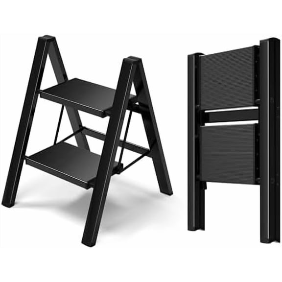 2 Step Ladder, Lightweight Portable 2 Step Stool with Anti-Slip Wide Pedal, 330lbs Capacity Aluminum Ladder for Household,Office,Library(Black)