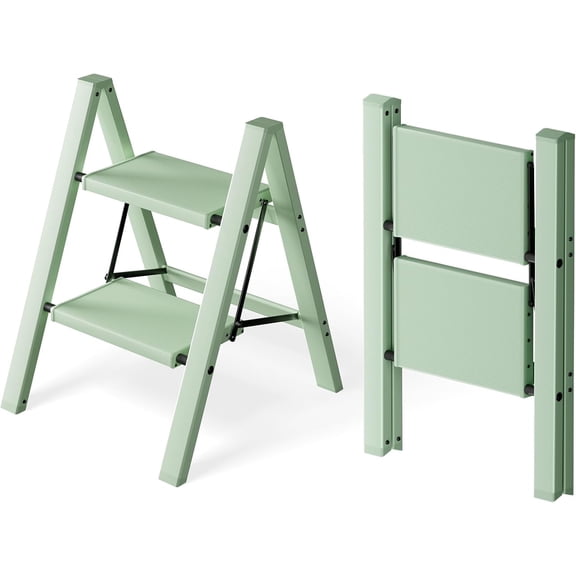 2 Step Ladder, Lightweight Portable 2 Step Stool with Anti-Slip Wide Pedal, 330lbs Capacity Aluminum Ladder for Household,Office,Library(Pale Green)
