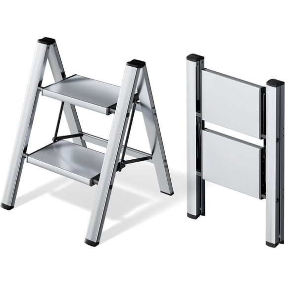 2 Step Ladder, Lightweight Portable 2 Step Stool with Anti-Slip Wide Pedal,330lbs Capacity Aluminum Ladder for Household,Office,Library(Silver)
