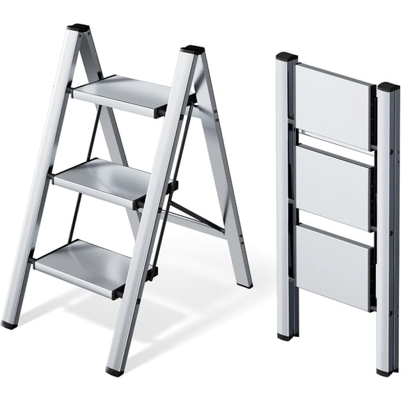 2 Step Ladder, Lightweight Portable 2 Step Stool with Anti-Slip Wide Pedal, 330lbs Capacity Aluminum Ladder for Household,Office,Library(White)