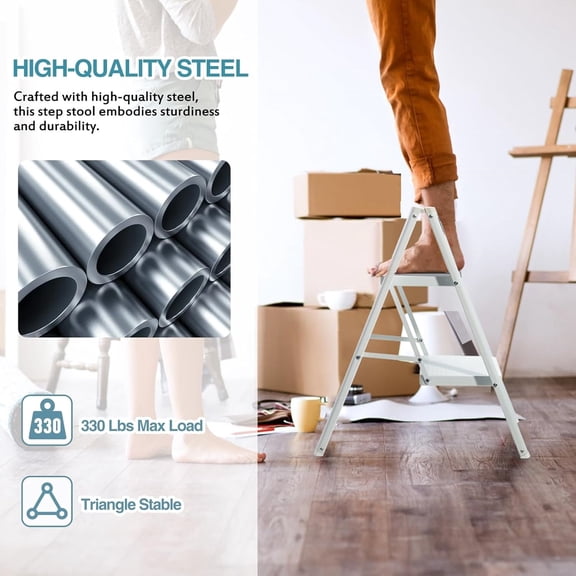 2 Step Ladder, Lightweight Portable Foldable Collapsible Folding Sturdy Iron Metal Step Stool with Anti-Slip Wide Pedal, Heavy Duty 330 lbs Capacity, for Home, Kitchen, Closet, Adults, White