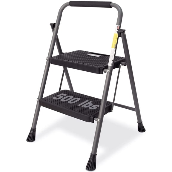 2 Step Ladder, PETGLE 2 Lightweight Folding Step Stool with Wide Anti-Slip Pedal and Comfort Handgrip, Lightweight 500 lbs Portable Steel Ladder Multi-Use Household and Office, Grey