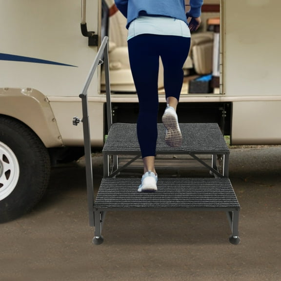 2 Step Ladder Porch Steps with Handrails&Anti-Slip Pedals, Swimming Pool Ladder Above Ground, Portable Step Stool Home Decor for Travel Trailer, Medical Step Stool (2 Step Single Handrail)