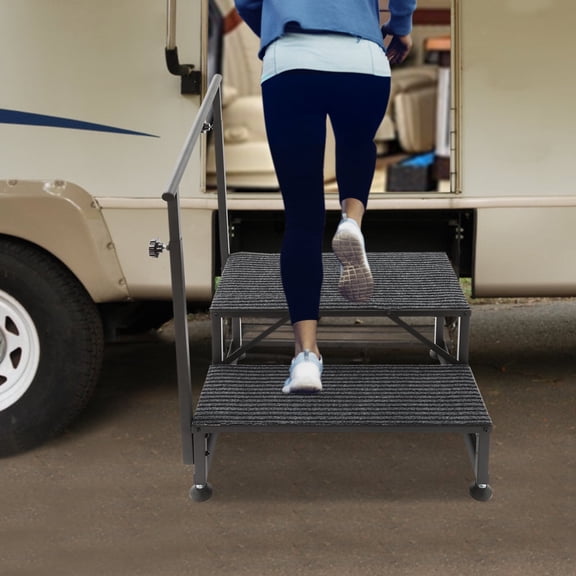 2 Step Ladder Porch Steps with Handrails&Anti-Slip Pedals, Swimming Pool Ladder Above Ground, Portable Step Stool Home Decor for Travel Trailer, Medical Step Stool (2 Step Single Handrail)