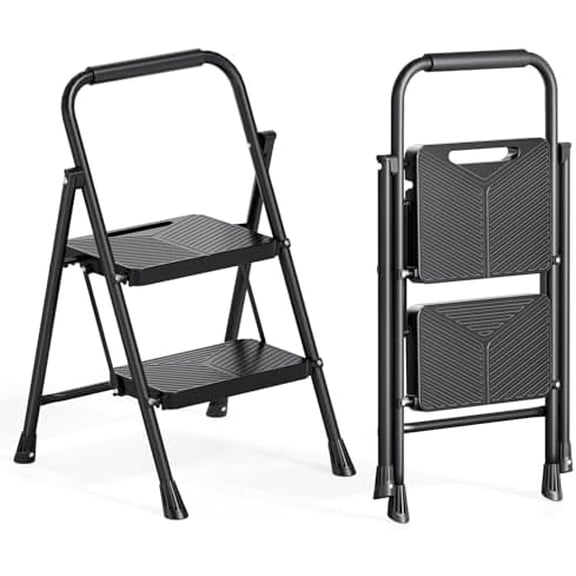 2 Step Ladder, Portable Folding Ladder for Multi-Purpose, Home, Kitchen, Heavy Sturdy Steel Step Stool with Handrail, Anti-Slip Wide Pedals, Safe-Lock Design, Pass 500lbs Load Testing, Black