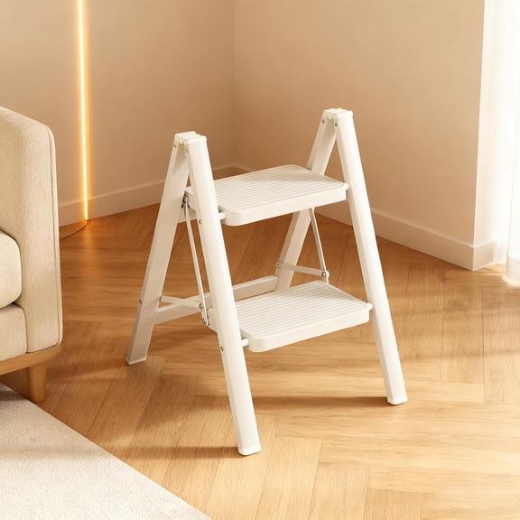 2 Step Ladder, Portable Folding Step Stool with Sturdy Carbon Steel Metal, 330LB Capacity, Non-Slip Wide Pedal, ladders for Home, Kitchen, Closet, Bookshelf, Adult (Milk White)