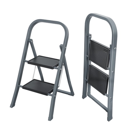 2 Step Ladder, Step Stool for Adults, Folding Step Stool with Wide Anti-Slip Pedal, Sturdy Steel Ladder Gray