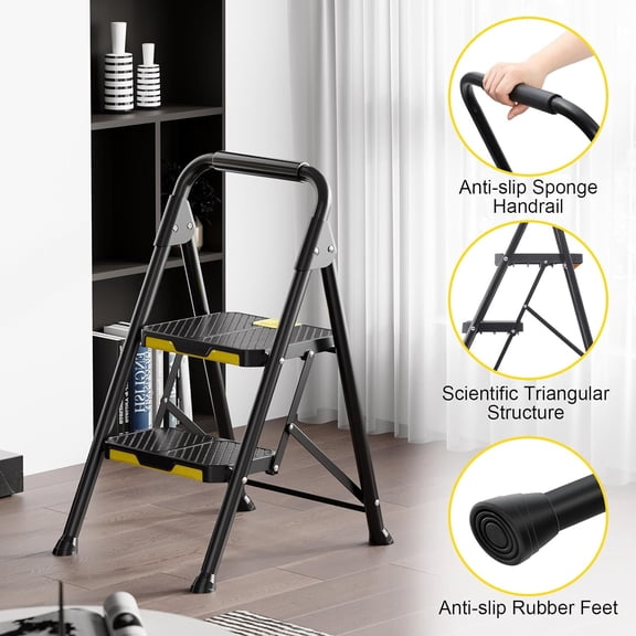 2 Step Ladder, Sturdy Steel Step Stool with Safe-Lock Design, Handrail, Anti-Slip Wide Pedals, Pass 800lbs Load Testing, Folding Portable Ladder for Multi-Purpose, Home, Kitchen, Black
