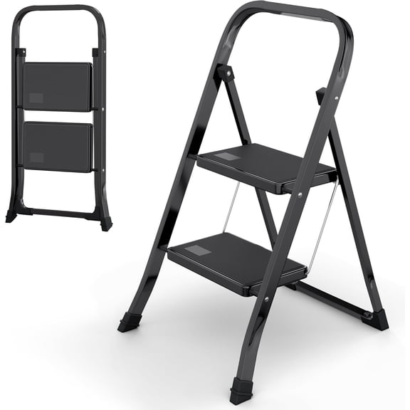 2-Step Ladder with Wide Anti-Slip Platform & Thick Rubber Feet,Folding Step Stool with Anti-Slip,Heavy Duty Foldable & Portable,330 lbs Capacity, Steel Frame, Rubber Handgrip, Folding Step Stool