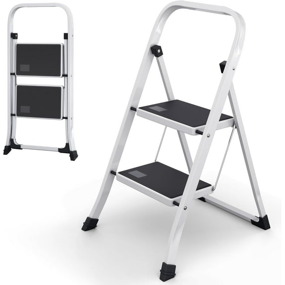 2-Step Ladder with Wide Anti-Slip Platform & Thick Rubber Feet | Heavy Duty Foldable & Portable | 330 lbs Capacity, Steel Frame, Rubber Handgrip, Folding Step Stool