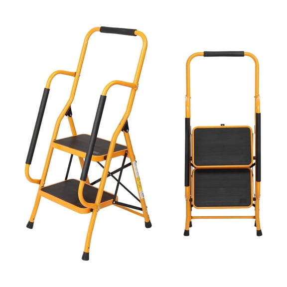 2 Step Ladder with Handrails, 330LBS Folding Step Stool, NonSlip Side Armrests Large Pedal Area, Multi-use for Home Kitchen Pantry Office