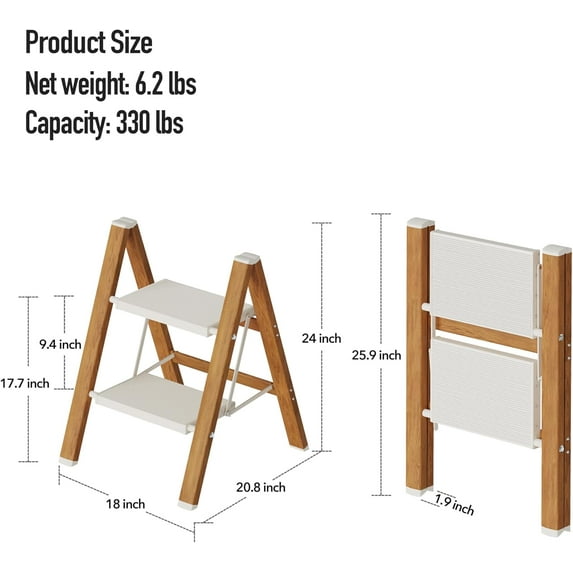 2 Step Lightweight Aluminum Folding Ladder, Anti-Slip Pedals, 330 lbs Capacity for Home & Office